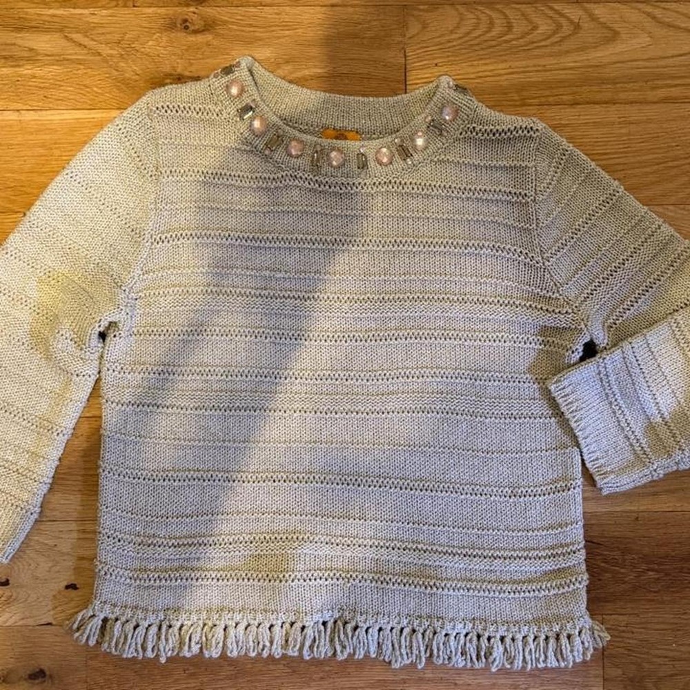 Ruby Rd Petite Metallic Gold Embellished Knit Sweater PXL Champagne Gold Fringe